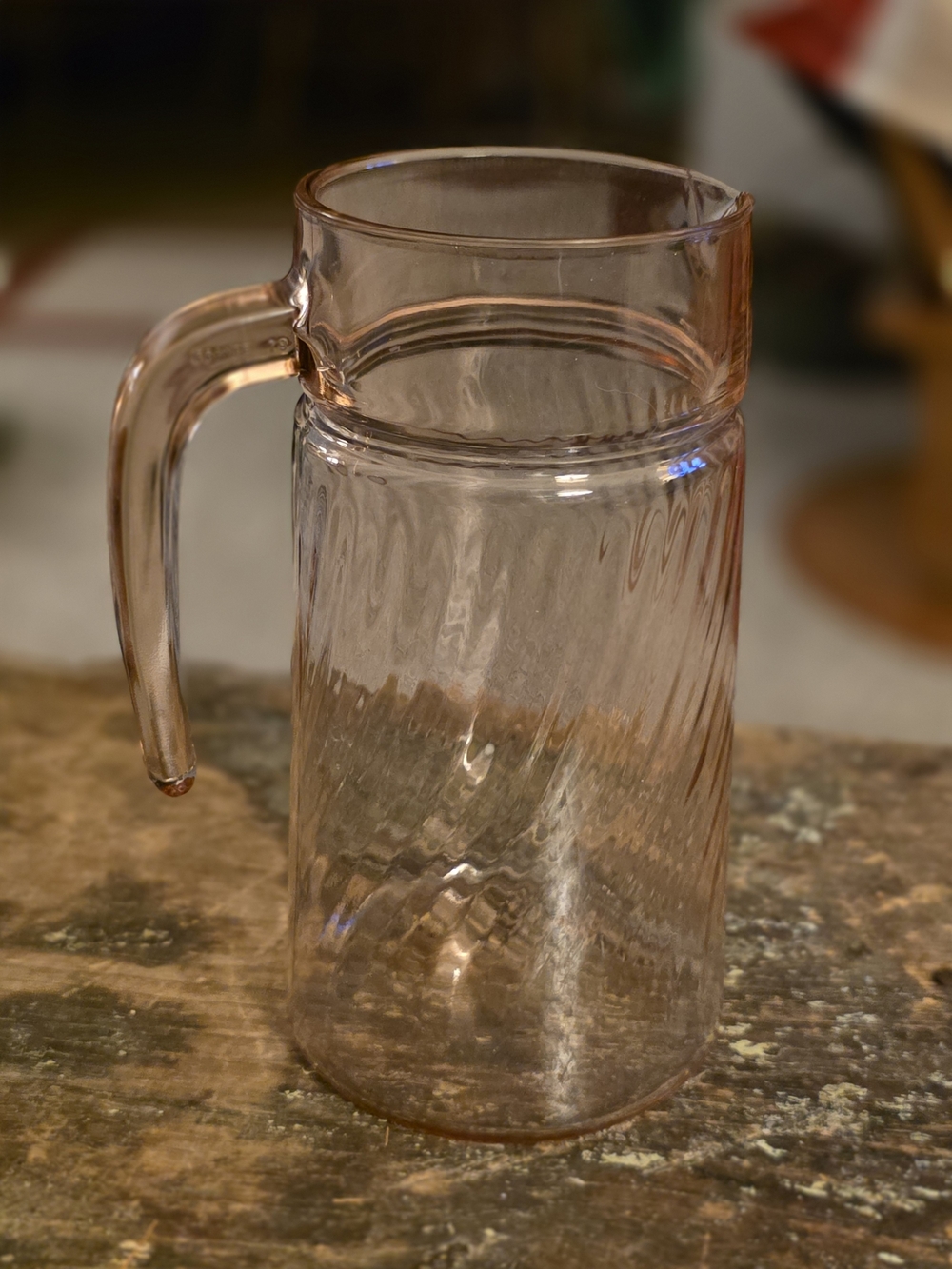 1970's Arcoroc Rosaline Pink Optic Swirl Glass Pitcher 9 Inches